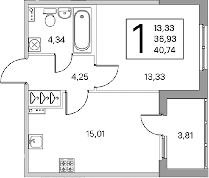 1-комнатная квартира 38.84 м², 1/4 эт., ЖК «Любоград в Стрельне»
